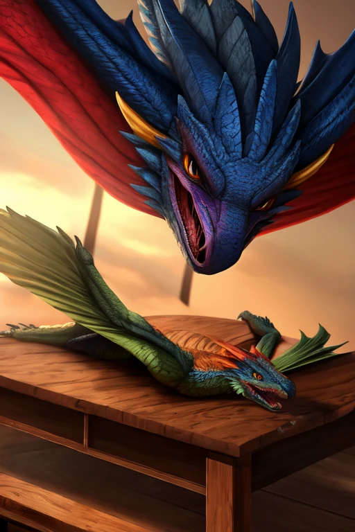 Tiny Dead, feathered wyvern body strapped to the top of a table forcefully with no wiggle room. The wyvern’s wings are spread out across the table and strapped down to the table. The wyvern’s mouth is wide open with no teeth. The wyvern’s head is strapped down the table near the edge of the table. There are milk splattered inside the wyvern’s mouth and on top of its head. Photorealistic