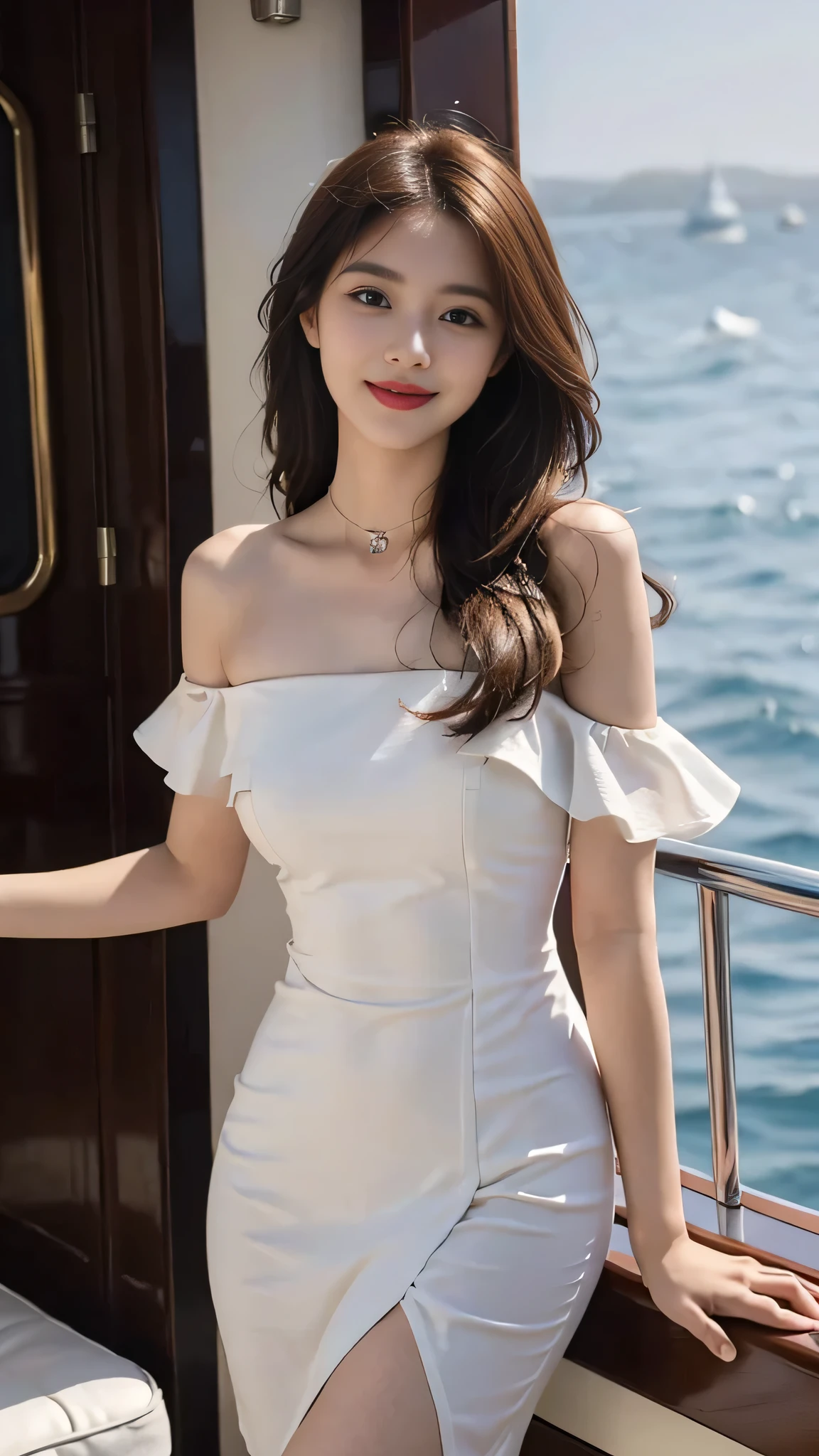 A sweet girl by the yatch luxury at the sea,voluminous hair,Delicate face,Photorealsitic,of a real,largeaperture,wears a white dress luxury,A cropped dress,Off-the-shoulder,A dress around the neck,Slim,smiles,Ultra-high resolution, Blurred background