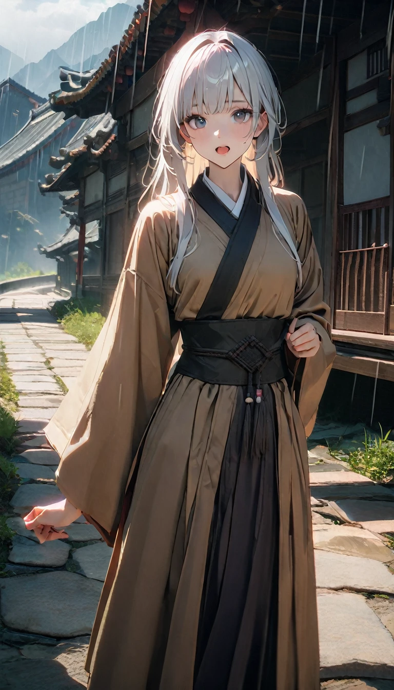 (((8K, RAW photos, best quality, masterpiece: 1.4))), (((((Boy on the road))))),Ultra-high resolution, Extremely detailed, light, Upper body close-up, handsome boy, black eyes, (A playful expression, Eyes are bright:1.2), Silver hair, Ancient style dress, Beige robe, 一絲不苟的Beige robe, Simple accessories for clothes, Open your mouth and complain, (perfect anatomy:1.2), High-quality shadows, Natural Lighting, (During the Song Dynasty:1.2), daytime, cloudy day, (Rain wets the whole body:1.2), (Ancient mountain road:1.2)