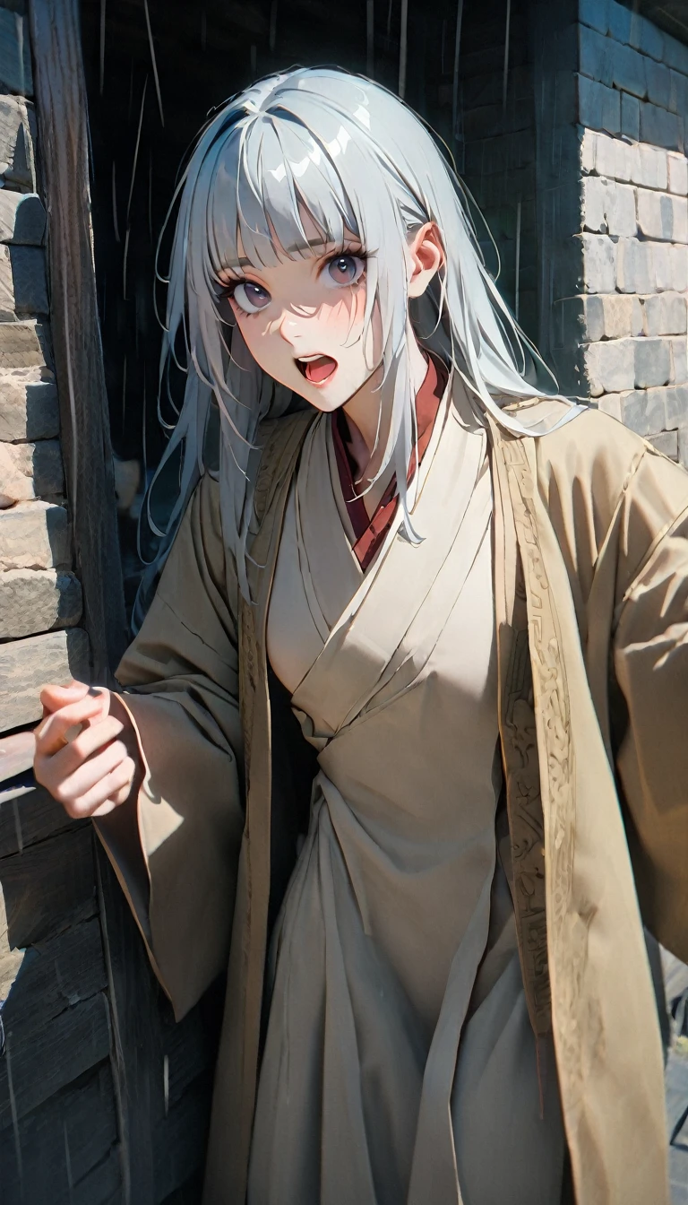 (((8K, RAW photos, best quality, masterpiece: 1.4))), (((((Boy on the road))))),Ultra-high resolution, Extremely detailed, light, Upper body close-up, handsome boy, black eyes, (A playful expression, Eyes are bright:1.2), Silver hair, Ancient style dress, Beige robe, 一絲不苟的Beige robe, Simple accessories for clothes, Open your mouth and complain, (perfect anatomy:1.2), High-quality shadows, Natural Lighting, (During the Song Dynasty:1.2), daytime, cloudy day, (Rain wets the whole body:1.2), (Ancient mountain road:1.2)