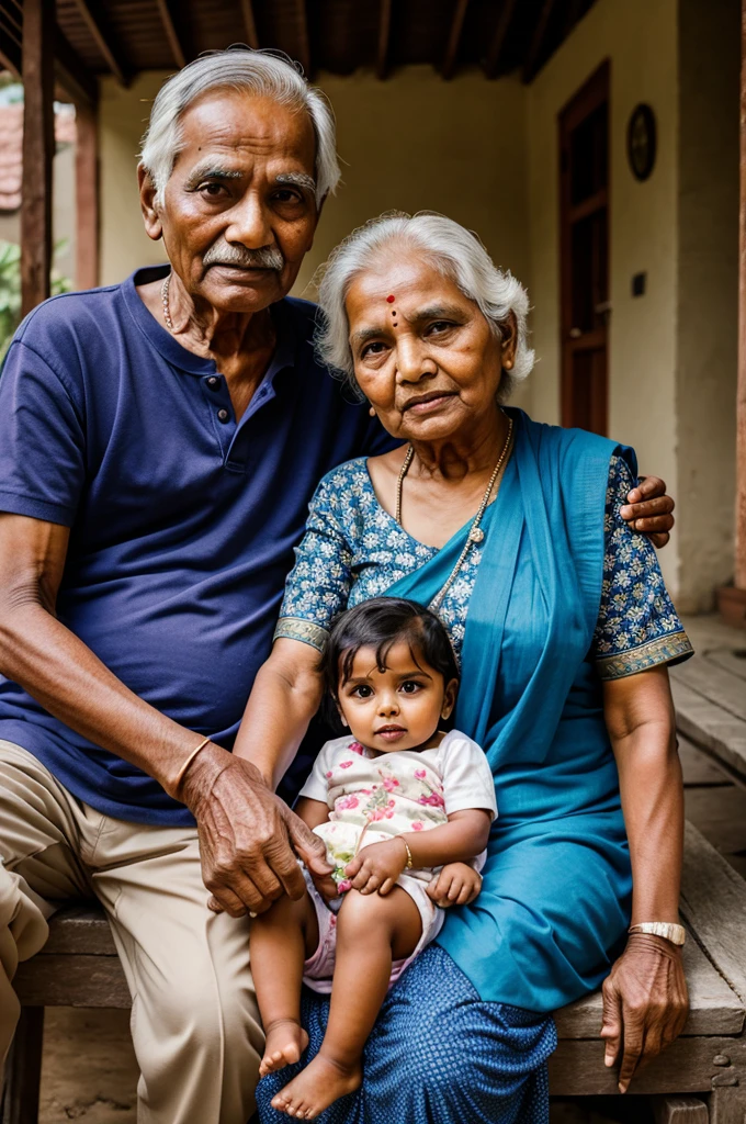 Indian old couple with grandchild in their hand