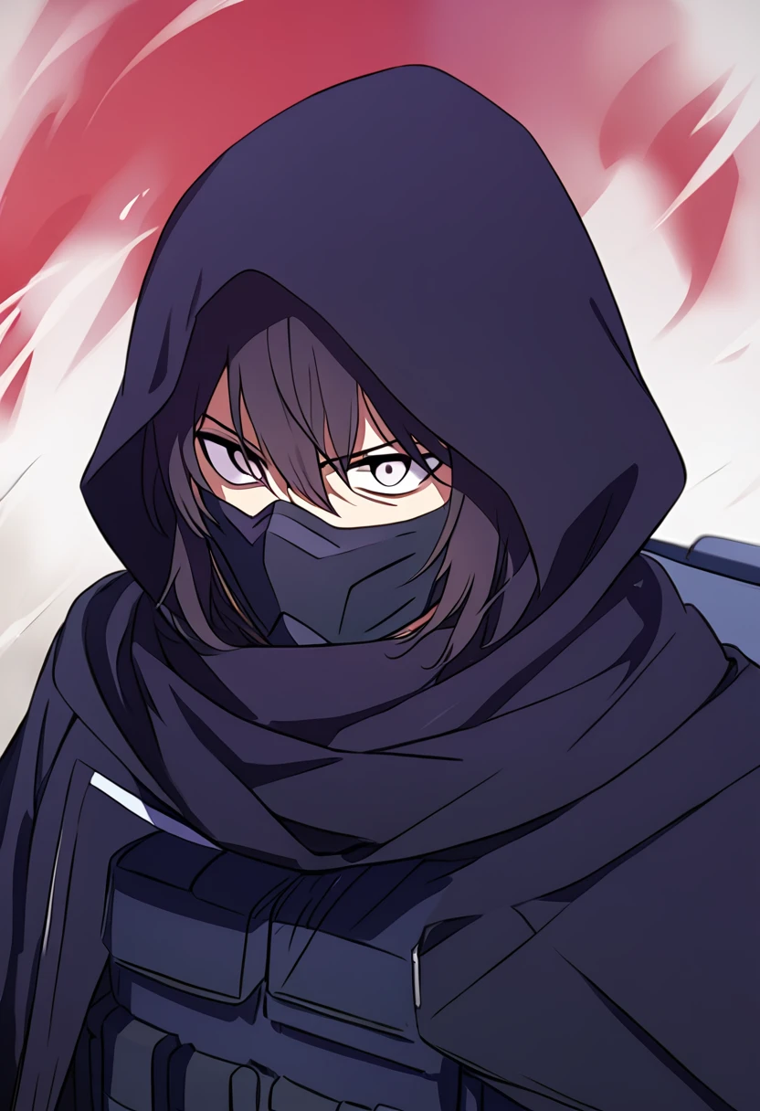 Anime male, black messy hair, white eyes, black facemask covering both mouth and nose, black hood, black long scarf, black cloak, tactical vest, black pants, black shirt, serious face expression, (best quality), Tactical outfit, one person, cool