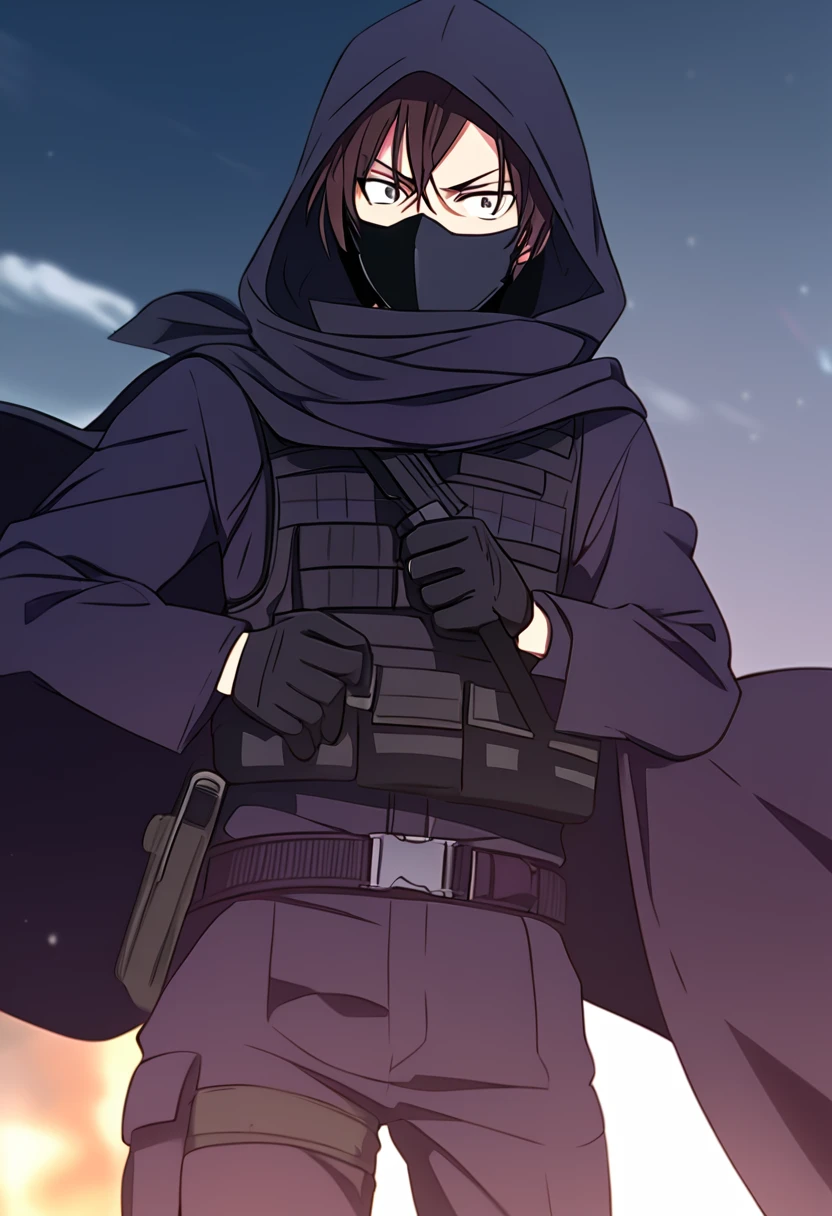 Anime male, black messy hair, white eyes, black facemask covering both mouth and nose, black hood, black long scarf, black cloak, tactical vest, black pants, black shirt, serious face expression, (best quality), Tactical outfit, one person, cool