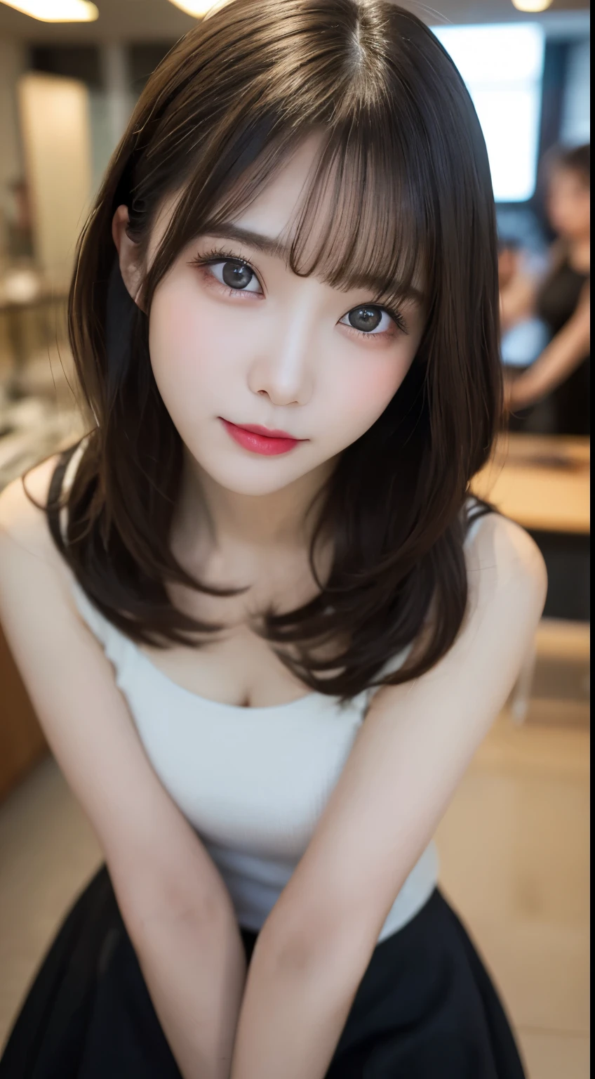 Tabletop, Highest quality, shape, Very detailed, finely, High resolution, 8k wallpaper, 完璧なダイナミックな構shape, Beautiful and exquisite,ランダムなcute髪,,Natural color lip、20-year-old girl、cute、Looking into the camera,Always blur the background,Perfect and beautiful face,Slim face and figure,Big eyes、Putting on gal makeup,Small face,Shooting from below、Blurred Background,Elegant feminine face、Cyberpunk Fashion、smile、Change pose randomly、Randomly change the shooting angle and position、Summer fashion for women