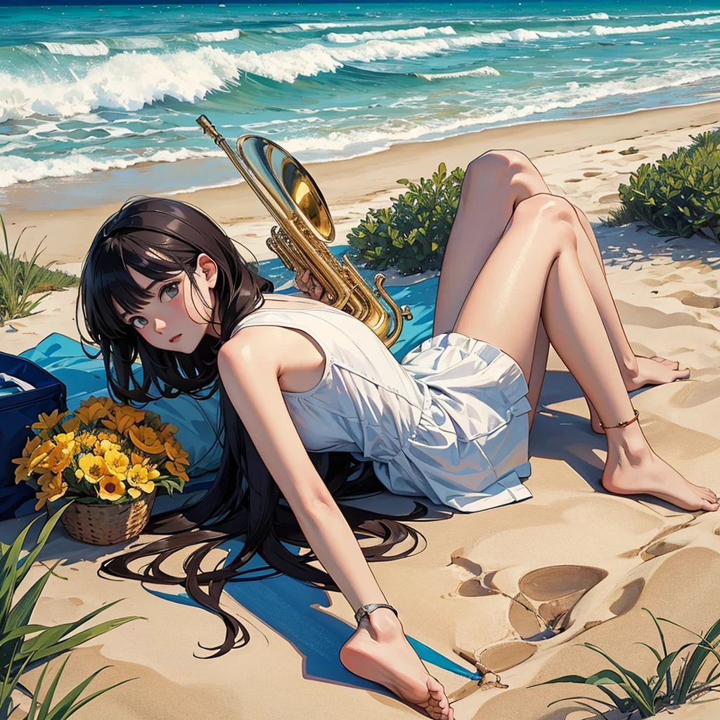 (masterpiece, top quality, best quality, official art, beautiful), At the beach, a trumpet,on the ground