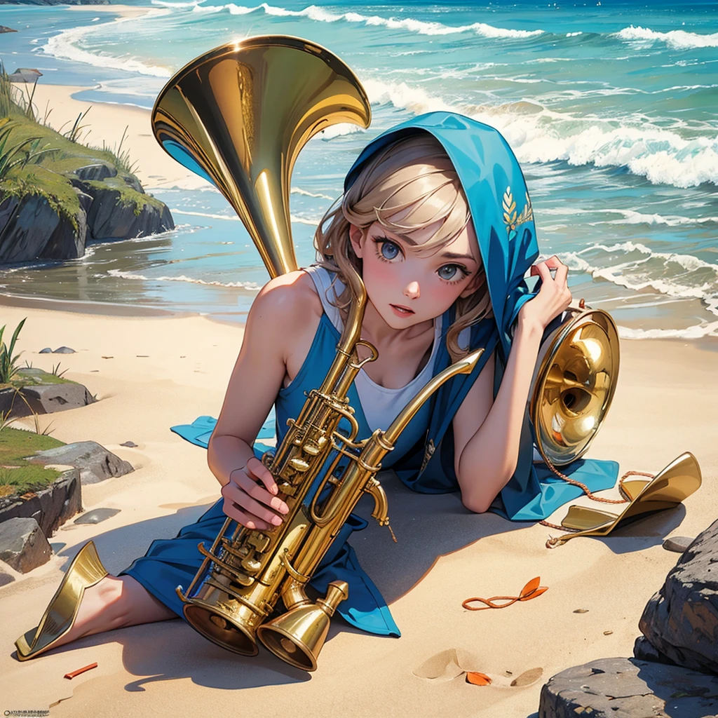 (masterpiece, top quality, best quality, official art, beautiful), At the beach, a trumpet,on the ground