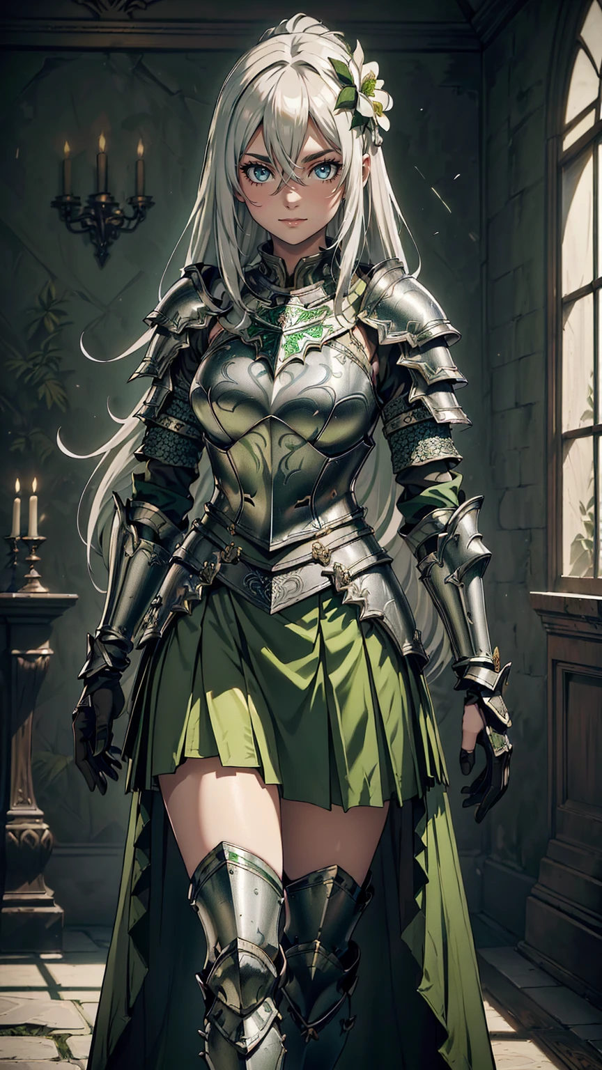 最high quality、Ultra High Definition, Ultra High Quality, Hyper Definition, Hyper Quality, Hyper Detailed, Extremely Detailed, Perfectly Detailed, Best image quality、masterpiece、woman((20-year-old、Full body, By becoming、Best Bust、Medium Bust, Noble Armor, Green glowing eyes, Silver long Hair、Disheveled Hair、Long White Hair、thin, Glove、Green Skirt, Smirk、Hair White Flower Barrette、Armored With Full Coverage Noble Plate Armor, Leg Armor,)),high quality、Beautiful art、background((Inside the mansion))、Written boundary depth、movie、Visual Arts、Perfect art、8K,Genuine、