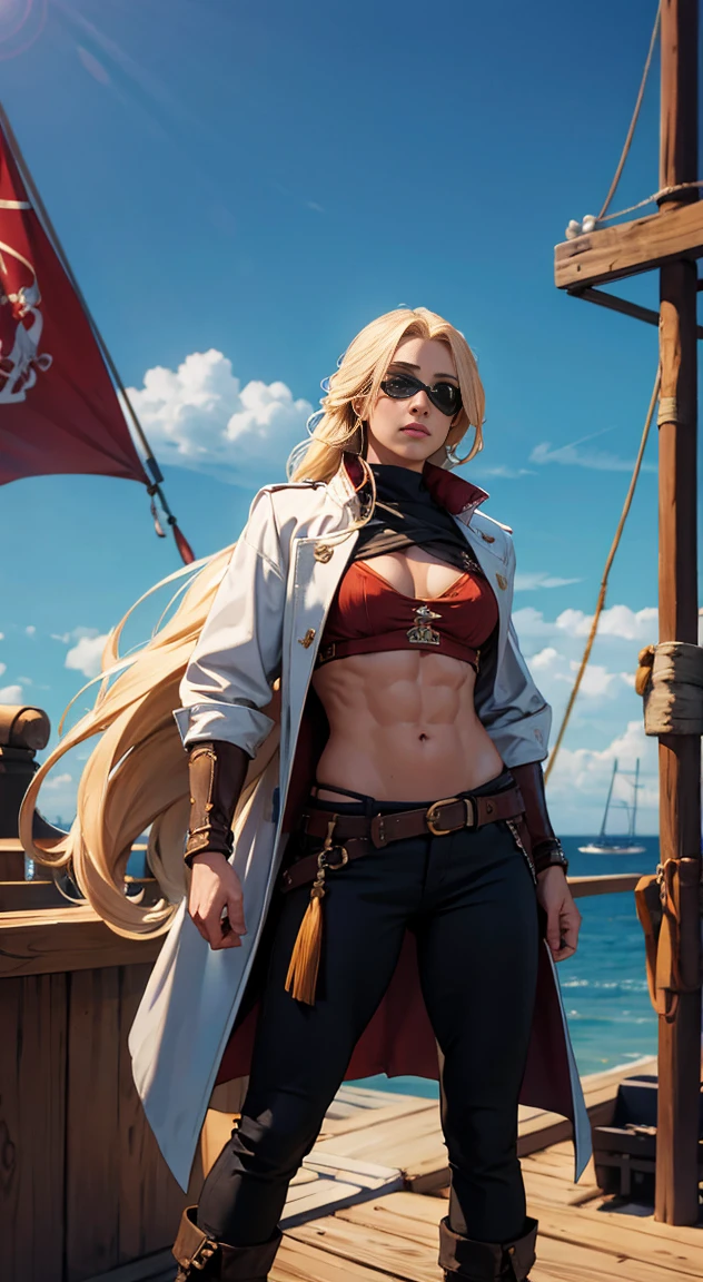 (1girl), long hair, blonde hair, (((very long hair))), hair down to ankles, wearing pirate long coat, wearing black pants, peg leg, standing on ship deck, wearing eyepatch, Sixpack abs, muscular arms, muscular legs, wide hips, thick thighs, huge muscles, muscular, large musceles,