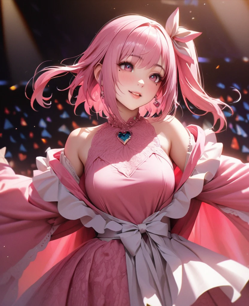 One Girl、Looking at the audience、
Beautiful pink eyes、Pink one side up hair, Mole under the eye、Plump and glossy lips、Heart-shaped choca、Idol、Her name is Rico,smile、ー、。.。.。.。.。.。.。.。.。.。.。.。.。.。.。.。.。.。.3D、Realistic、
off shoulder dress, Drape clothes、gem、The decoration has been removed、Floral、Lace trim,On a glittering stage、
masterpiece、highest quality、8k、Detailed skin texture、Detailed cloth texture、Beautifully detailed face、Intricate details、Very detailed、
超A high resolution、8k Ultra HD、Film Grain、Best Shadow、delicate、Gazing at the audience、front