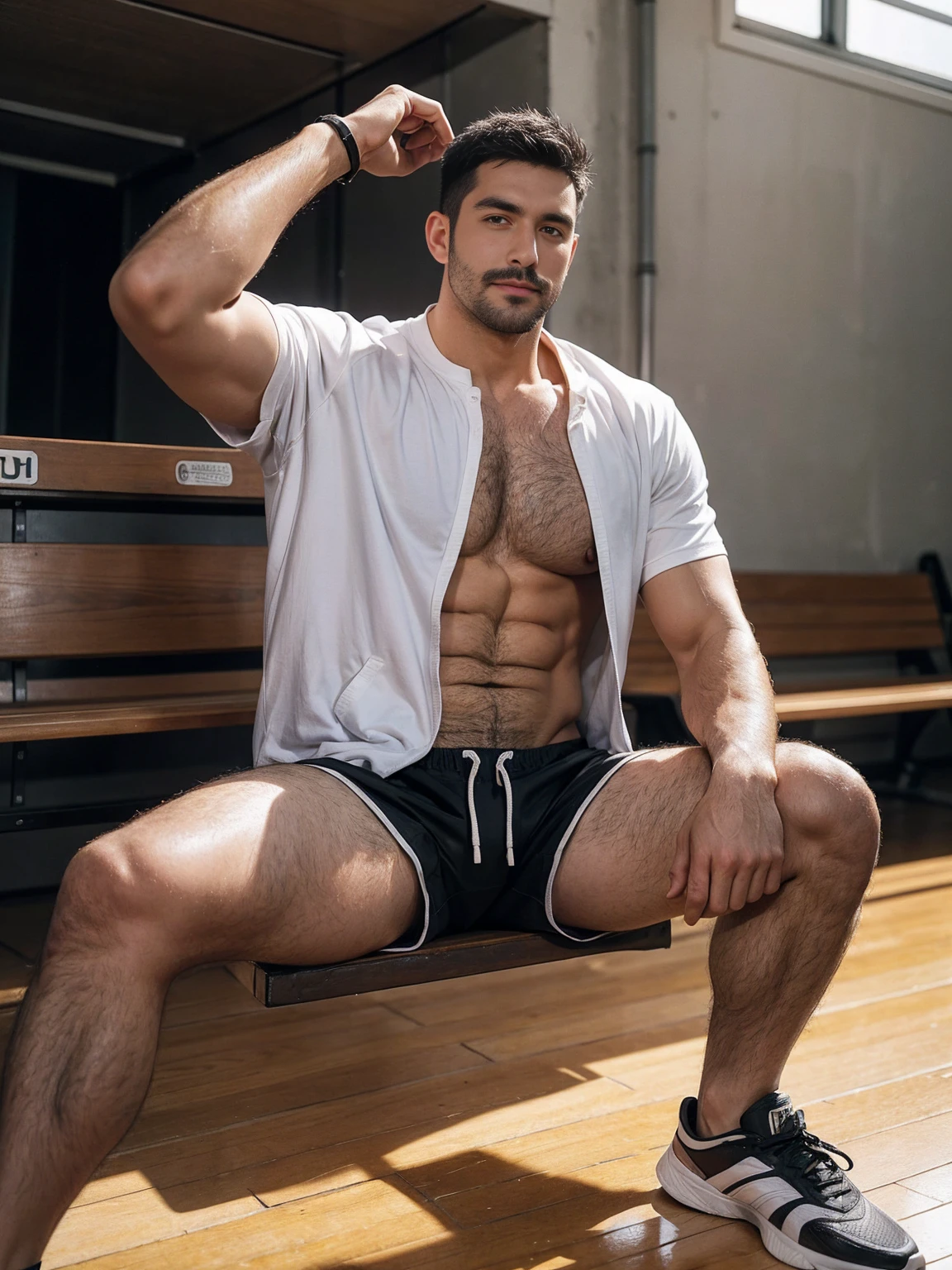 No coats! Wear only shorts!!smile, short hair, black hair, brown hair, black hair, sitting, male focus, multiple , shoes, shorts, arms, wristband, sneakers, sportswear, bench, basketball, basketball uniformanother, chest hair, , navel hair, leg hair, armpit hair, hairy, (Chest hair:1.8) ! High detail 8K)! ((Realistically)), ! 186 cm! 70 kilograms! Popular clips! ( High-detail 8k ((realistically)), Exposed chest muscle and chest hair!, best quality, bright lighting, focus, theater! 35 years old, hairy breasts, thick hair Adam Dario Kier screenshot, Reddit, photo realism, gray hair!real photos!Thick moustache!(Chest hair:1.5)Real photos!