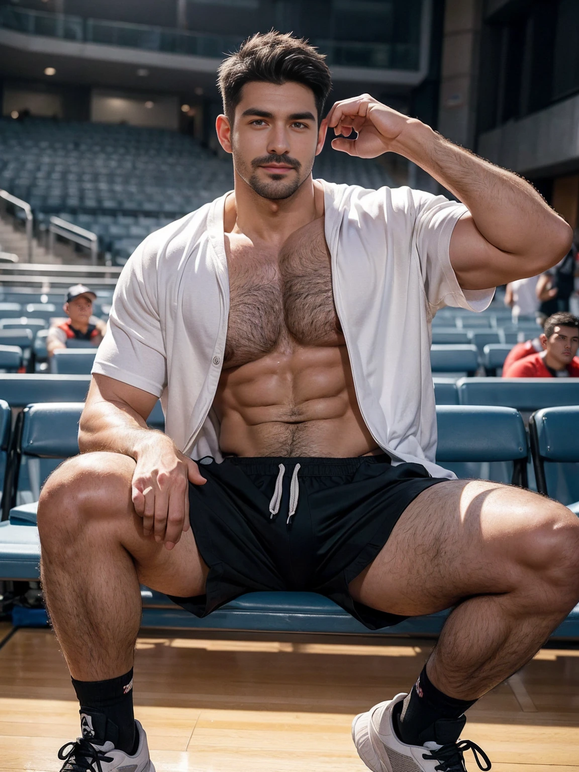 No coats! Wear only shorts!!smile, short hair, black hair, brown hair, black hair, sitting, male focus, multiple , shoes, shorts, arms, wristband, sneakers, sportswear, bench, basketball, basketball uniformanother, chest hair, , navel hair, leg hair, armpit hair, hairy, (Chest hair:1.8) ! High detail 8K)! ((Realistically)), ! 186 cm! 70 kilograms! Popular clips! ( High-detail 8k ((realistically)), Exposed chest muscle and chest hair!, best quality, bright lighting, focus, theater! 35 years old, hairy breasts, thick hair Adam Dario Kier screenshot, Reddit, photo realism, gray hair!real photos!Thick moustache!(Chest hair:1.5)Real photos!
