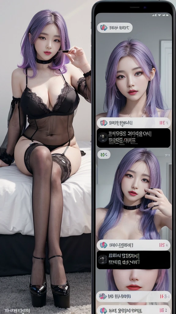  (high quality), (SFW), (vertical split screen:1.6), (Various scans:1.5),  (A mature prostitute who enjoys a smartphone chat app with numerous Korean adult men.. : 1.6), (The girl has colorful dyed hair and pretty face makeup. : 1.4), (She is wearing a feminine dress and stockings., Sitting on bed wearing strappy high heels and chatting online with several men...), Her smartphone display shows a number of adult Korean men chatting with her., Chat language is English., The man is waiting for her answer, Her and the man&#39;s smartphone displays respectively displayed pop-up windows.., each other&#39;s chat history, Online Profiles and Photos, And the man looks at her smartphone screen and waits for her response.., He and she take turns messaging on a chat app., her time is night,