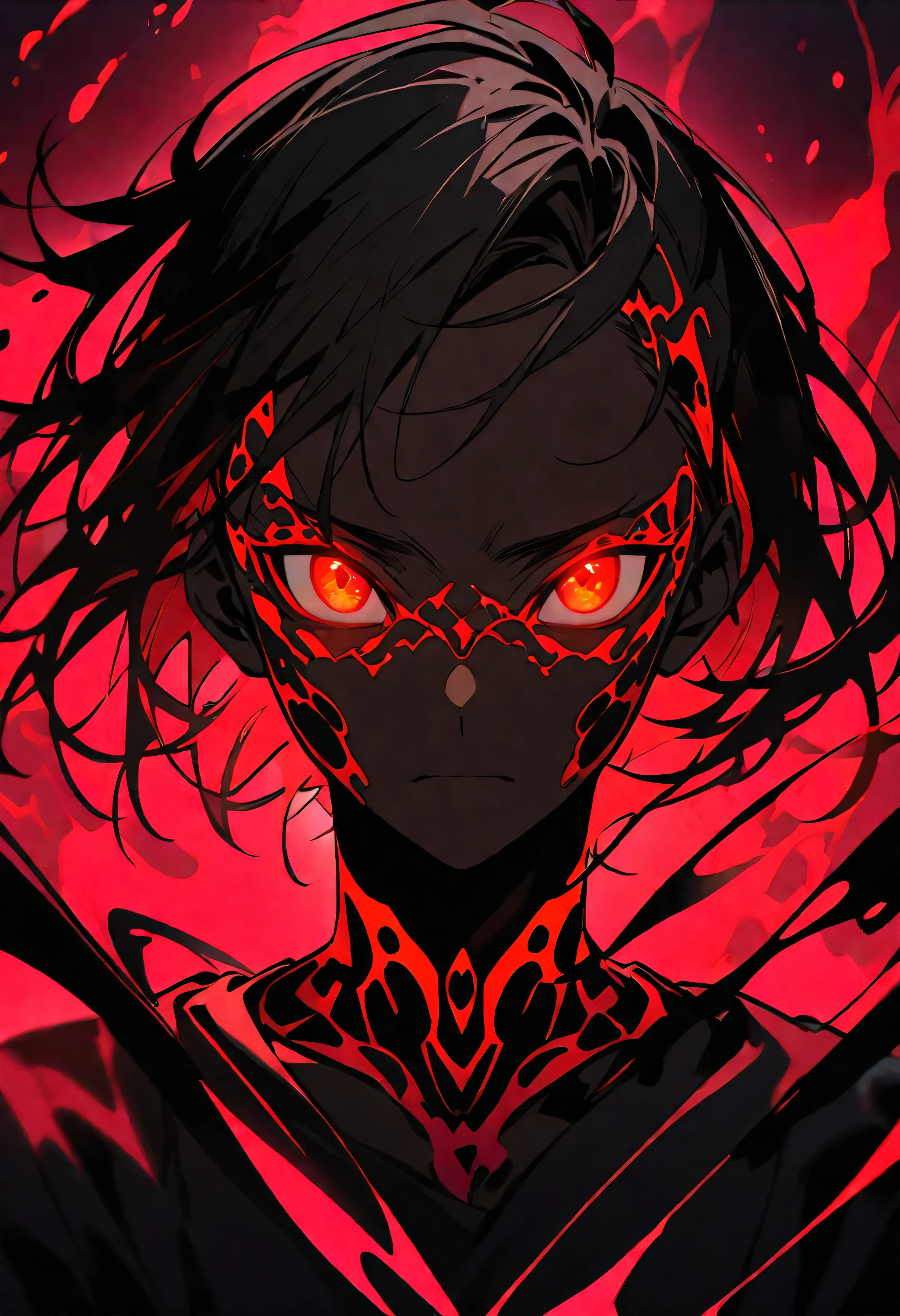 black man with red bioluminescence eyes and background
