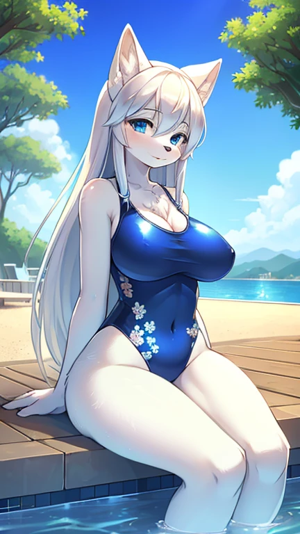 best quality, best resolution, (fluffy anthro furry), arctic fox girl, silver hair, blue eyes, (white fur), long straight hair, big breast, sophisticated manner, (dark blue one piece swimsuit with subtle floral pattern), sitting on ledge, lavish pool, sun rays