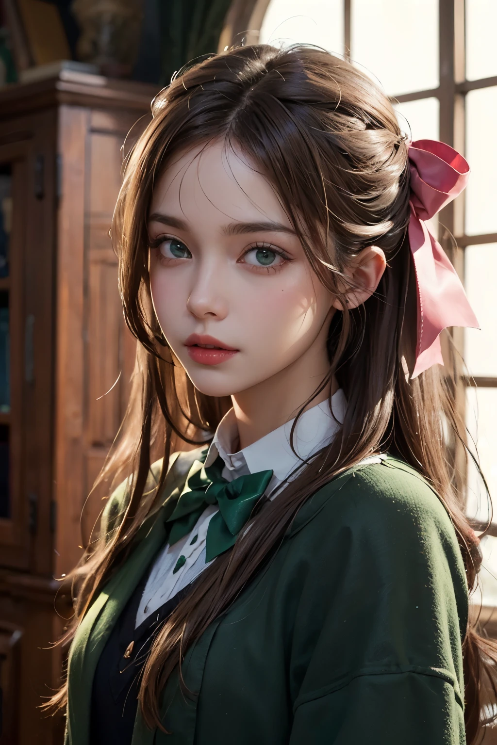 A woman with brown hair and a pink bow, green eyes, with a man, blonde hair, green eyes, handsome, beautiful, Slytherin Hogwarts.