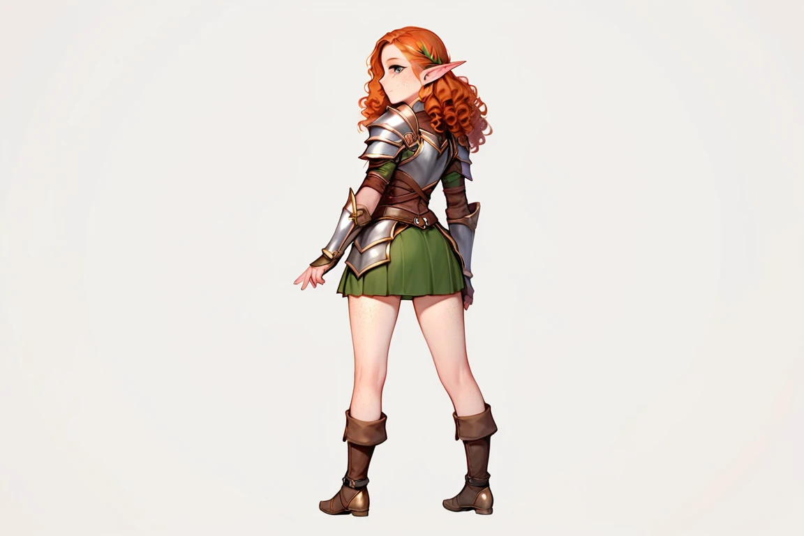The same character,front,side,back)White background,(whole body)girl,Orange hair,Long curly hair,Green eyes,Wearing armor,Short skirt,Freckles,Elf ears,whole body像,Equal proportions,Same clothes,Same shoes