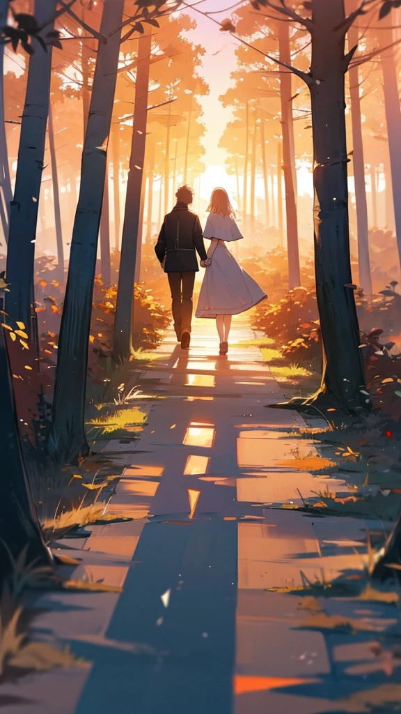 • A person walking alone on a wide road at sunrise.
• A couple holding hands, walking into the sunset.
• Someone walking along a quiet forest path.