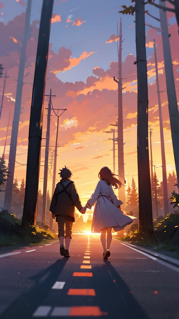 • A person walking alone on a wide road at sunrise.
• A couple holding hands, walking into the sunset.
• Someone walking along a quiet forest path.