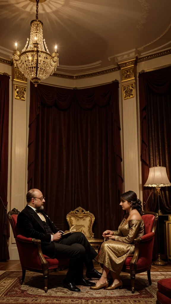 An intimate scene of King Edward VII in a private sitting room, accompanied by two women. The room is filled with luxurious Victorian decor, such as velvet chairs, intricate rugs, and ornate lamps. The king and the women are engaged in relaxed conversation, creating a sense of closeness and comfort within an opulent setting. Masterpiece, HD, UHD, Perfect and detailed eyes and face