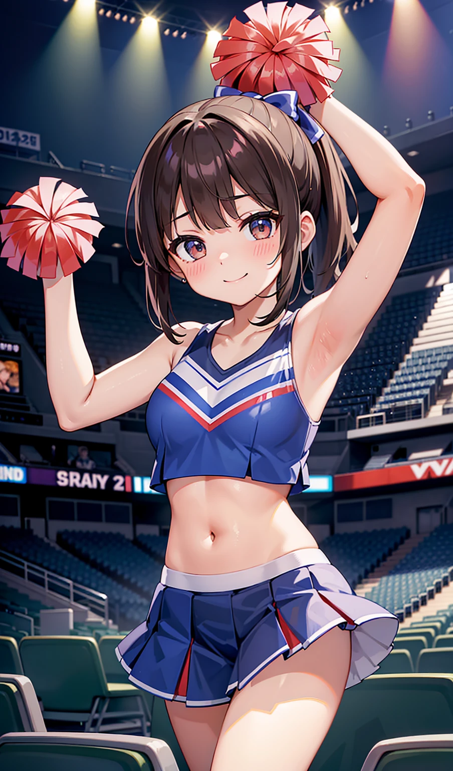 woman。(Cheerleader)。smile、Dark brown ponytail、(Stadium seating)。(Cheerleaderのユニフォーム:1.2)、Stadium seating。(Cheerleaderユニフォーム)。competition、Perfect hands、Facing the audience、raise one leg slightly