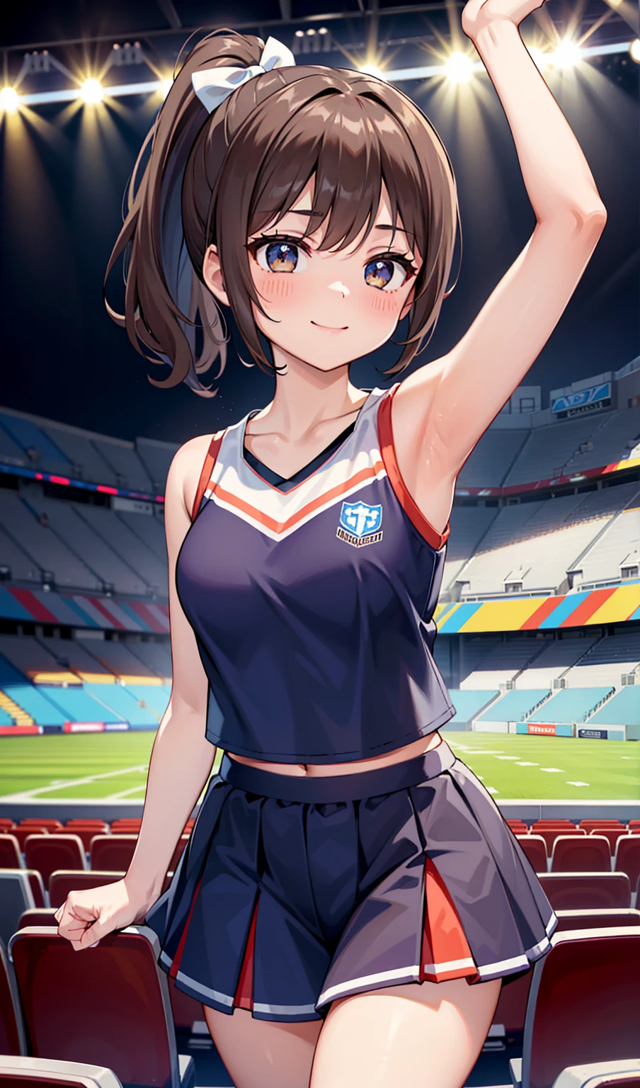 woman。(Cheerleader)。smile、Dark brown ponytail、(Stadium seating)。(Cheerleaderのユニフォーム:1.2)、Stadium seating。(Cheerleaderユニフォーム)。competition、Perfect hands、Facing the audience、raise one leg slightly