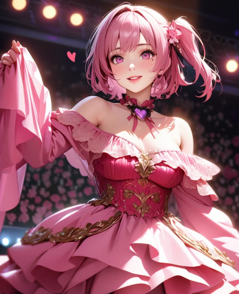 One Girl、Looking at the audience、
Beautiful pink eyes、Pink one side up hair, Mole under the eye、Plump and glossy lips、Heart-shaped choca、Idol、Her name is Rico,smile、ー、。.。.。.。.。.。.。.。.。.。.。.。.。.。.。.。.。.。.3D、Realistic、
off shoulder dress, Drape clothes、gem、The decoration has been removed、Floral、Lace trim,On a glittering stage、
masterpiece、highest quality、8k、Detailed skin texture、Detailed cloth texture、Beautifully detailed face、Intricate details、Very detailed、
超A high resolution、8k Ultra HD、Film Grain、Best Shadow、delicate、Gazing at the audience、front