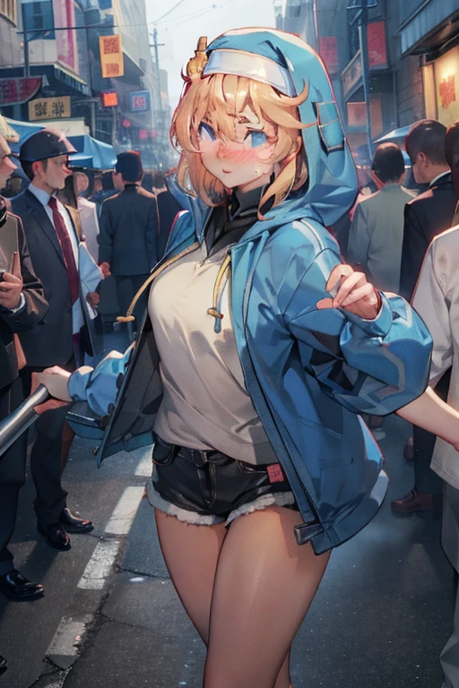 Vaginal sex、、Blonde、Blue Hood、Being caught by a man、Her breasts are being fondled、stand up、Walking、Crowd background、((blush))、Shorts、(Walking)