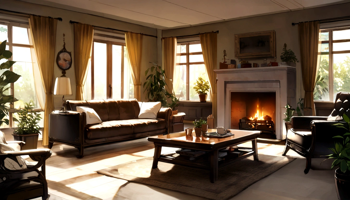 Peaceful living room、Indirect Lighting、nobody、Black sofa、fireplace、Foliage plant、Brown curtains、Low table、coffee、candy、noon、Sunlight