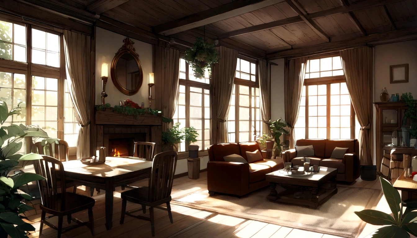 Peaceful living room、Indirect Lighting、nobody、Black sofa、fireplace、Foliage plant、Brown curtains、Low table、coffee、candy、noon、Sunlight