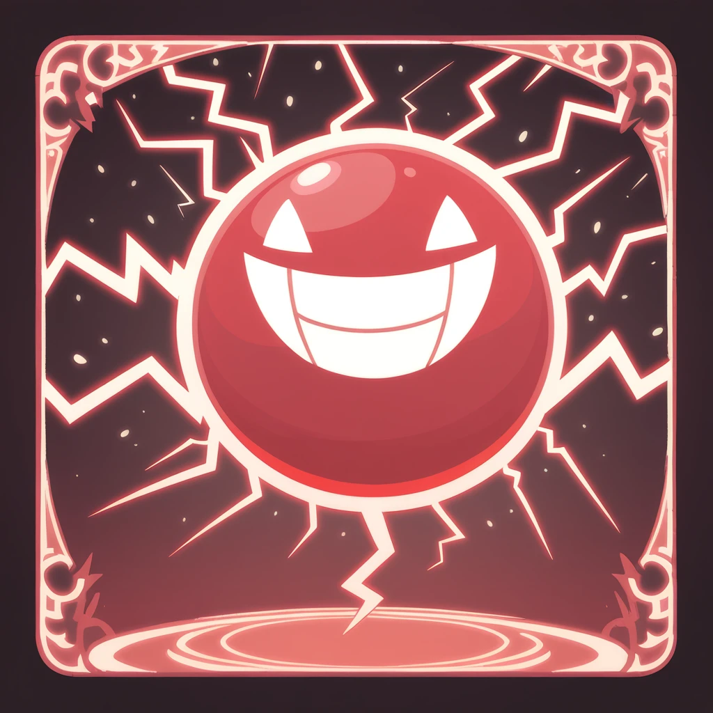 A orb half white and half red with beady eyes and a maniacal grin on it's face as lightening chains all around it, in card art style