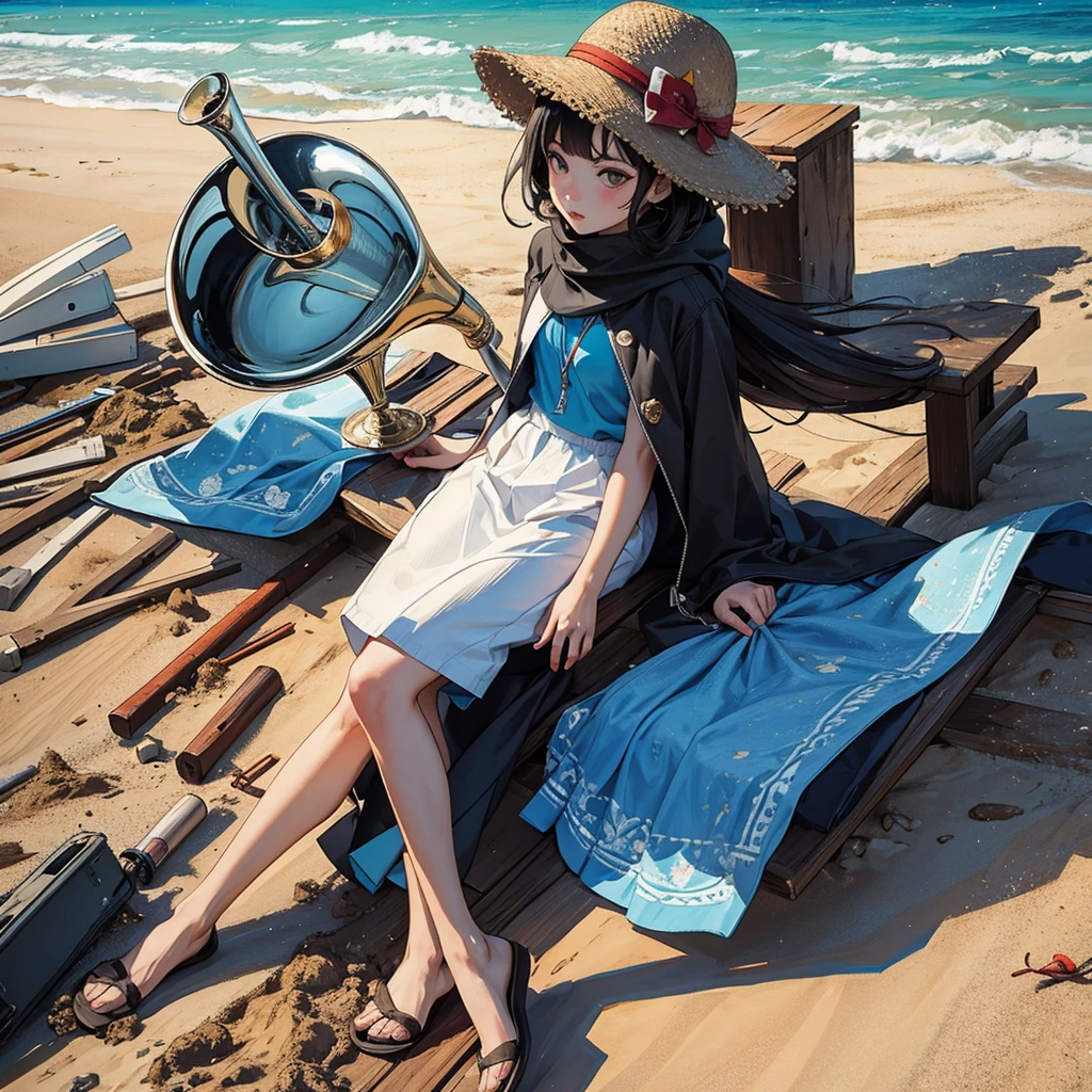 (masterpiece, top quality, best quality, official art, beautiful), At the beach, a trumpet,on the ground,no humans