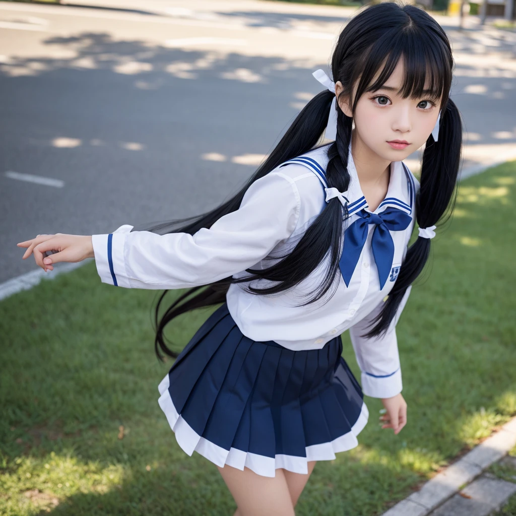excellent work、HD analysis、Highest level of image quality、16K、reality、1 girl、student、18 years old、Youthful、student、Japanese school uniform、White sailor suit、Red bow tie at neckline、(Soft saturation:1.3)、(Light skin tone:1.2)、Full body facing the camera、18mm lens、F/8.0 aperture、Character Close-up、Black hair、black twin-tails hair、Straight Hair、Blue hair ribbon、Blue pleated skirt、(extremely huge breasts:3.0)、Show your legs、Smooth legs