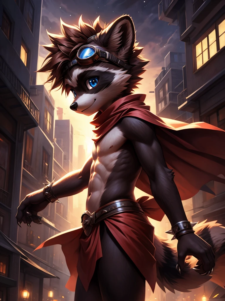 feno lighting, deep shadow, dynamic angle, masterpiece, high quality, hi res, solo, young Furry, furry, young, raccoon, spiked brown hair only on head, red scarf, blue eyes, goggles, red loincloth, red cape, masterpiece, detail body, fur all over body, detailed face, detailed eyes, detailed hands, Skinny, claws, high resolution, metal cuffs on wrists, no shirt, no underwear, city, night, street, side view