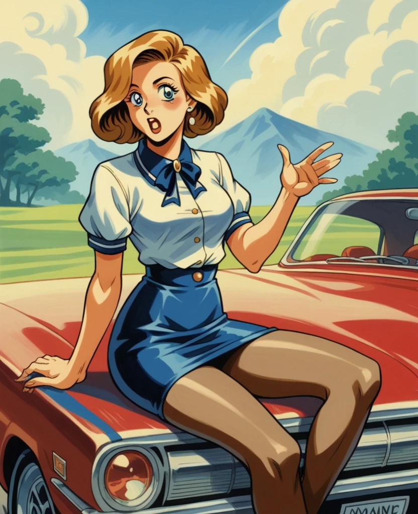 20 years old Marilyn Monroe sitting on the ground sheet, in front of a retro car, vintage, retro pin up style, sexy, detailed everything, surprised, mini tight tyny skirt, FULL DETAILED LONG NAVY PANTYHOSE flowing skirt, colorful , Harmony color scheme, masterpieces art work, illustrated,


