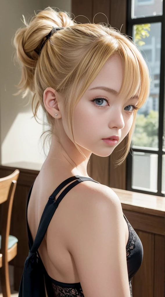 portlate、top-quality、超A high resolution、(Looking at the camera)、(Photorealsitic:1.4)、1 girl in、masterpiece、inside in room、blonde hair, High Style、cute perfect face、 style at a café、hair behind ear, Ponytail, Short hair, surrealism, depth of fields, Blurry, One-person viewpoint, Wide Shot, move chart, nffsw, Composition of the whole body、g-cup