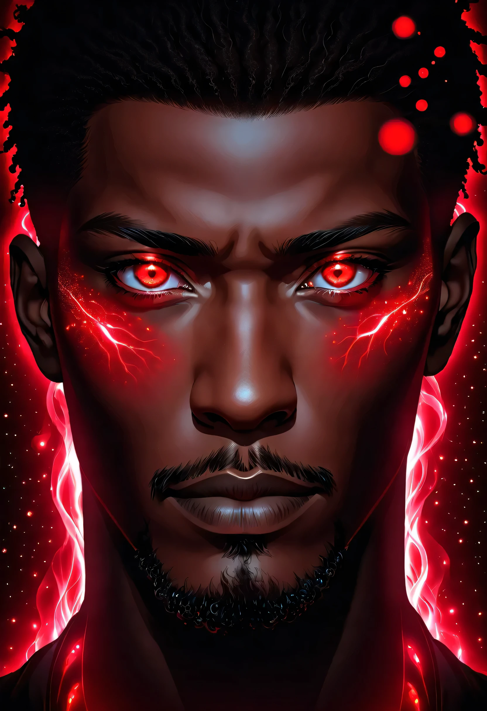 black man with red bioluminescence eyes and background