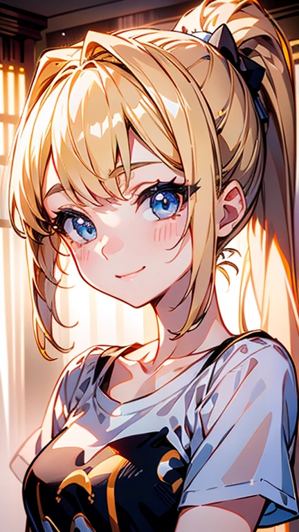 High quality, Best quality , masterpiece, Portrait、、Bright expression、ponytail、Young, shiny, white, glossy skin、Gloss Face、Shining Cheek Gloss、Small Face Beauty、The best beauty、The dazzling light of blonde hair、Bright blonde hair with dazzling highlights、Very beautiful shiny light blonde hair、super long silky straight hair、Her shiny, beautiful bangs are covering her eyes.、Sparkling, clear, attractive, bright, large, pale blue eyes、Very big eyes、eyeliner、very beautiful lovely cute 16 year old girl、young girl, Ample Bust, upper body , (smile:1.2) , (((t-shirt , ponytail )))), in airport , medium breast