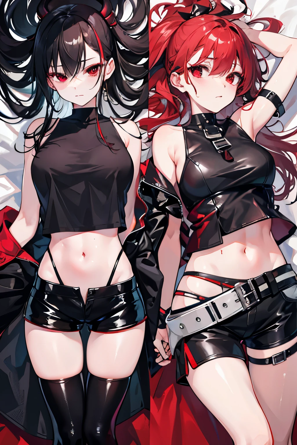 underdressing,indifferent,Red Eyes,Sweat,Soaked,liquid,transparent,Expression of disgust,Back,Cropped tops,Leather Shorts,succubus
