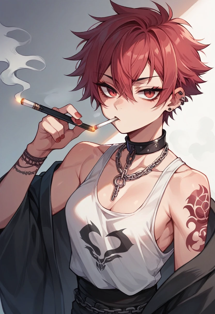 Crimson hair, black highlight in hair, short hair, tomboy, Japanese sleeve tattoo, neat ear piercings, a septum piercing with chain to ear piercing on right ear, thin tanktop, b cups, no bra, smoking, streetwear