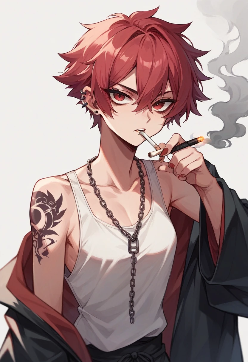 Crimson hair, black highlight in hair, short hair, tomboy, Japanese sleeve tattoo, neat ear piercings, a septum piercing with chain to ear piercing on right ear, thin tanktop, b cups, no bra, smoking, streetwear