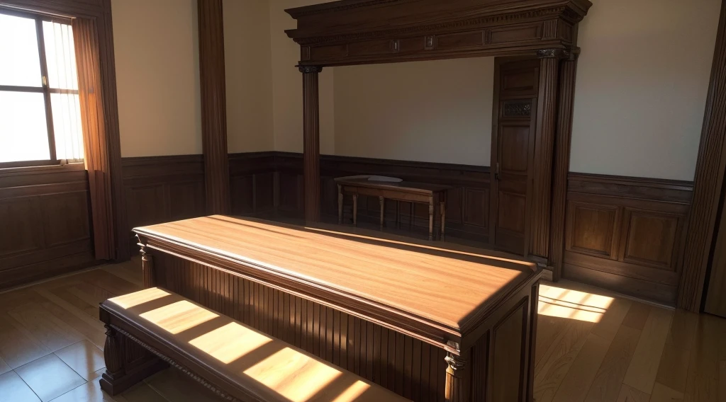 (highest quality, 4K, 8K, high resolution, masterpiece:1.2), ultra-detailed, (realism, photorealism, photorealism:1.37), inside a courtroom, no people, viewed from the audience's angle, anxiety, fear, no windows, judge's bench in front, witness stand in the middle, no windows in the room, no outside light enters, empty.


