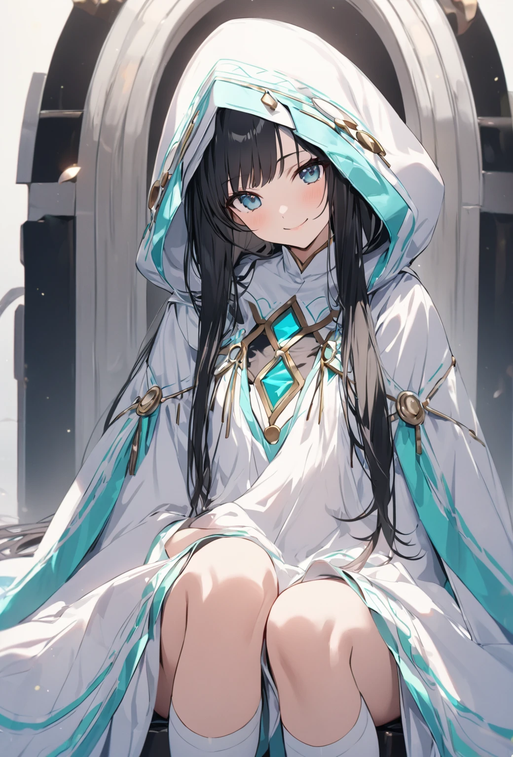 ((Highest quality)), ((masterpiece)), ((Very detailed)), (Very cute),A gentle-looking woman with black hair and a smile, about 165cm tall,A woman with a cute smile wearing a hooded shrine maiden outfit with cool decorations on her long hair, alone, Cute attitude,(background(bright),Long Hair - Straight,Knee-high socks、A white shrine maiden outfit with a highly decorated hood,White wall、Sitting、Facing the viewer