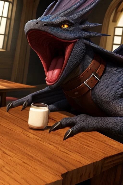 Tiny Dead, feathered wyvern body strapped to the top of a table forcefully with no wiggle room. The wyvern’s wings are spread out across the table and strapped  to the table with leather straps. The wyvern’s mouth is wide open with no teeth. The wyvern’s head is strapped down the table near the edge of the table. There are milk dripping from inside the wyvern’s mouth and on top of its head to the table. (Photorealistic, close up)