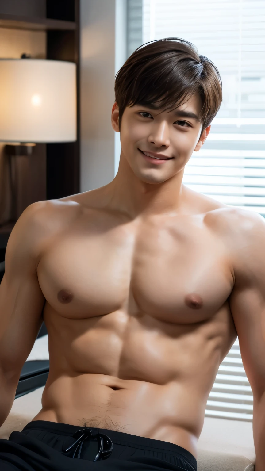 Photorealistic, 8k, whole body, Beautiful Boy, Japanese,  Attractive look, detailedな顔のdetailed, Shirtless muscular man relaxing in an office at night,masterpiece, Highest quality, high resolution,detailed, (One man), alone, detailed ,Short Hair,Brown Hair,Keep your eyes on the camera,Showing his teeth and smiling,20s,No chest hair,Beardless,Super handsome,K-pop idol-like appearance,Realistic Skin,　Blur the background