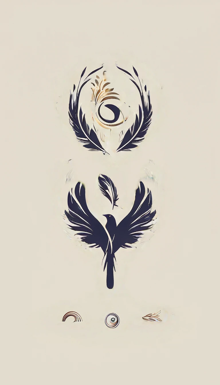 Create a cinematic, abstract symbol for a film production company based on stories and music. The logo should represent the companionship between a boy musician, A Storyteller Fantasy Bird and a Dreamy Feather. Minimalist symbol design