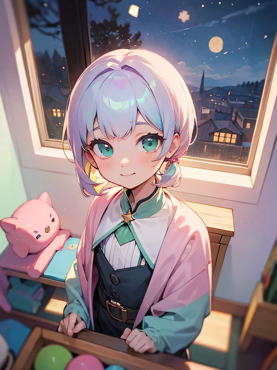 from above,solo, upperbody, pastel candy hair, bluntbangs, shiny smile, children's clothes, enchanting chest, toy world, children's room, small window, starry night, pastel green,