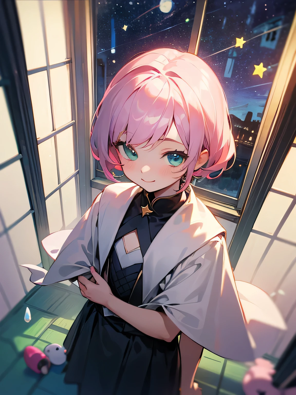 from above,solo, upperbody, pastel candy hair, bluntbangs, shiny smile, children's clothes, enchanting chest, toy world, children's room, small window, starry night, pastel green,