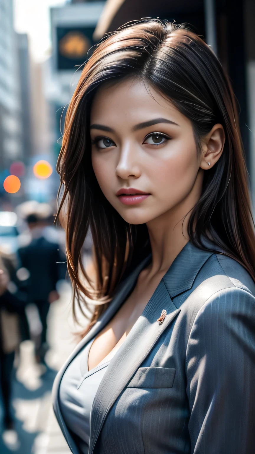 (8k, RAW Photos, 最high quality, masterpiece: 1.2), (Realistic, photoRealistic: 1.37), 1 Woman in a suit standing on the sidewalk, Cityscape, Day, Sunny Morning, Professional Lighting, Photon Mapping, Radio City, Brazilian Women, Torn, shirt, Woman in a suit, Silk Suit, masterpiece, 最high quality, high quality, High resolution, Big Tits, ((Face close-up)),