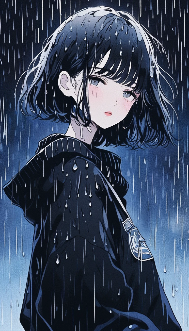 Illustrator, anime , Realistic ,sketch , Abstract rain on background、1 girl, ,lip, sweater,order, Black gradient background, black髪,Short Bob、blackｔshirt、Textured Trim, Canadian, (masterpiece,Highest quality) Cancer