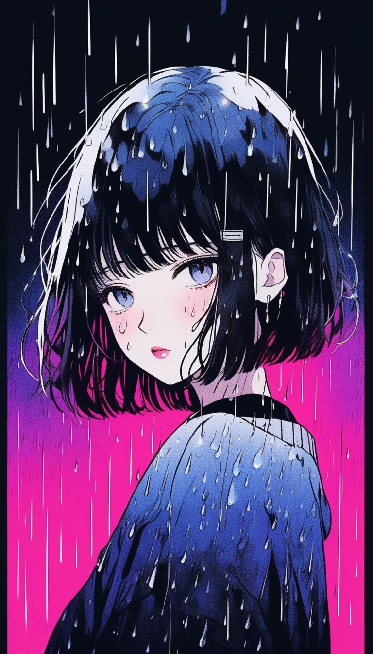 Illustrator, anime , Realistic ,sketch , Abstract rain on background、1 girl, ,lip, sweater,order, Black gradient background, black髪,Short Bob、blacktshirt、Textured Trim, Canadian, (masterpiece,Highest quality) Cancer